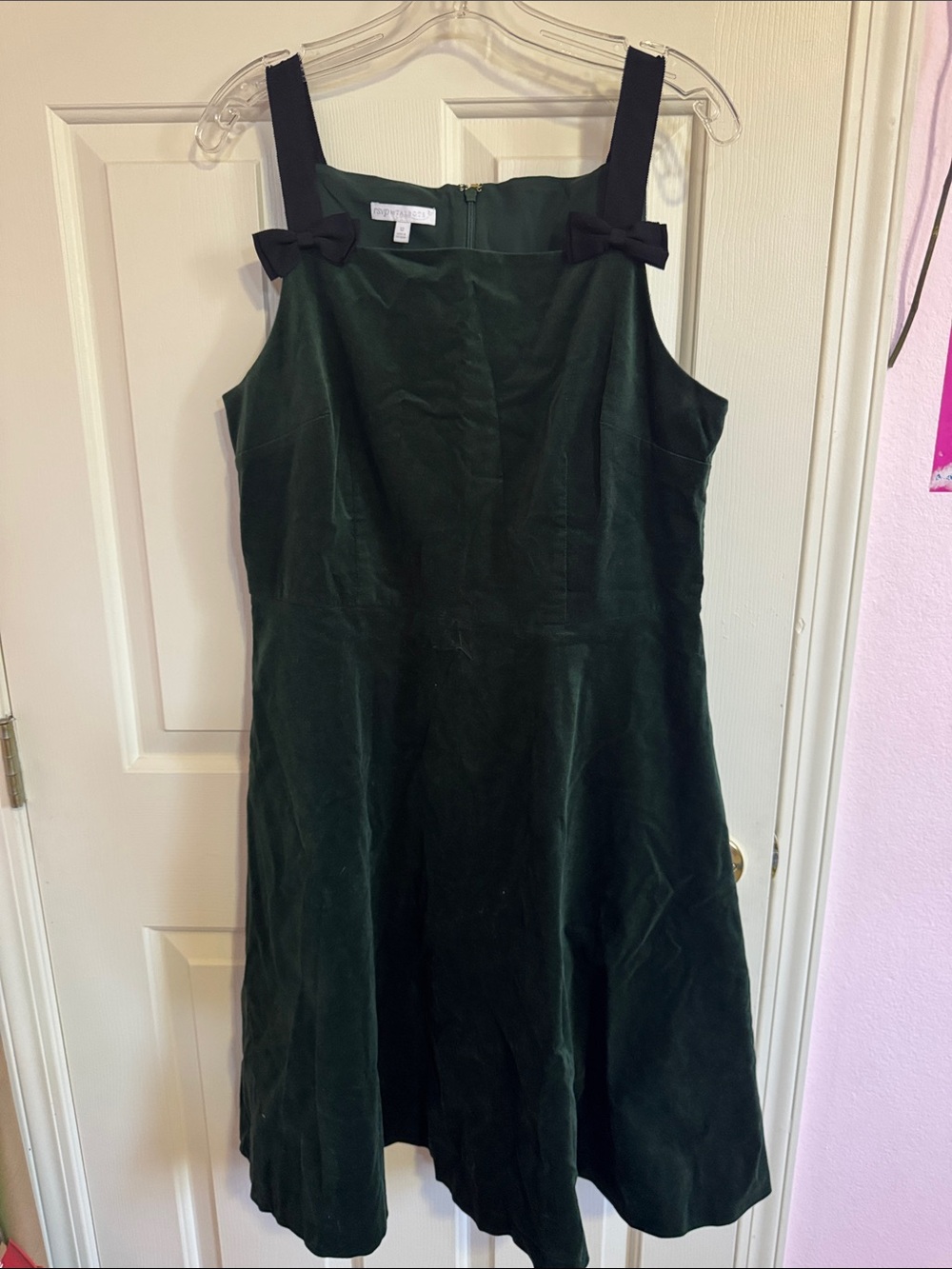 Talbots Dark Green Velvet Mini Pinafore Dress with Black Bow Straps
